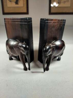 Vintage Wooden Elephant Bookends Africa Hand Carved Wood No Tusks